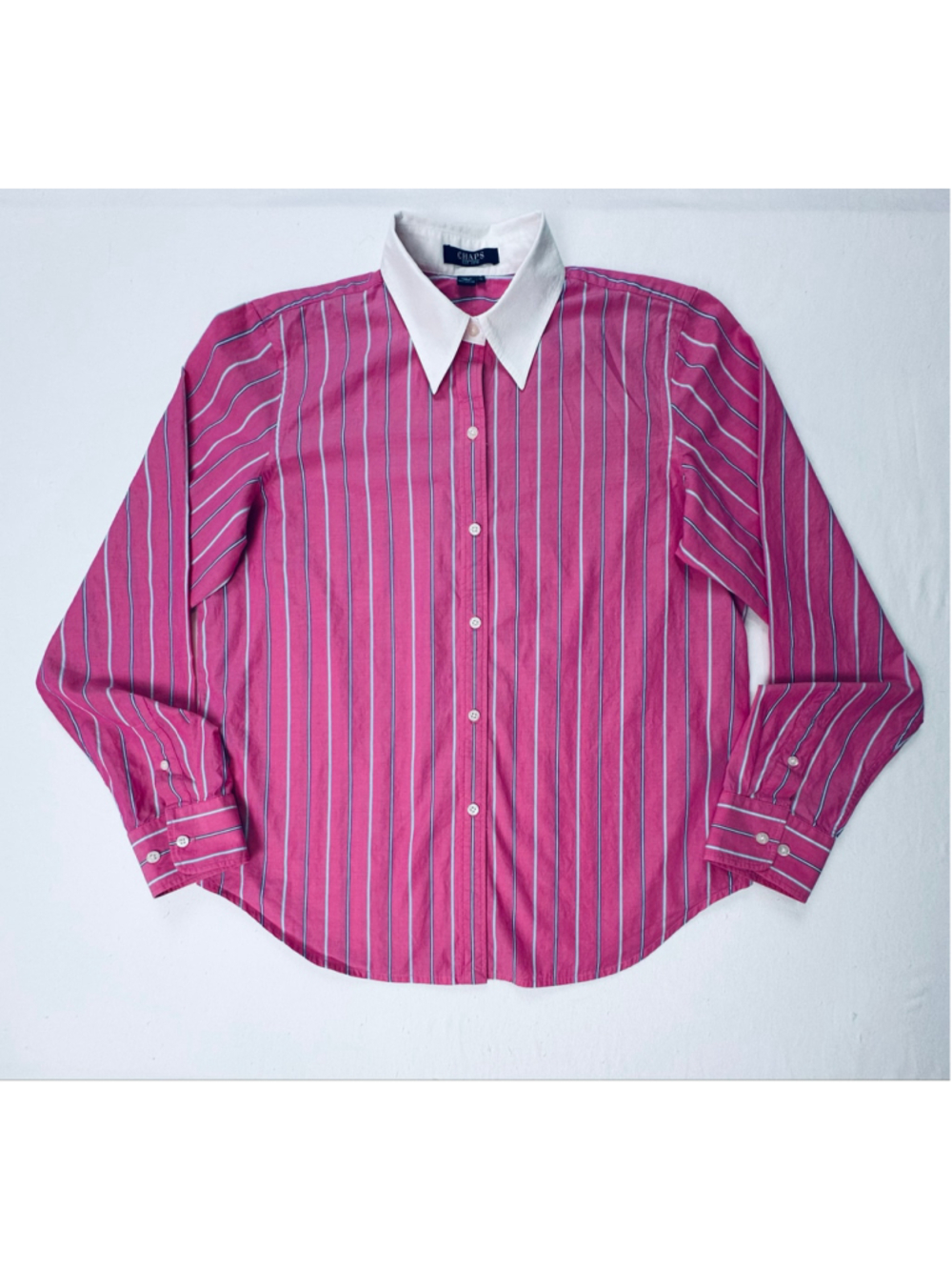 Chaps Women’s Pink Striped Contrast Collar Button Down Shirt Size M - Picture 2 of 12